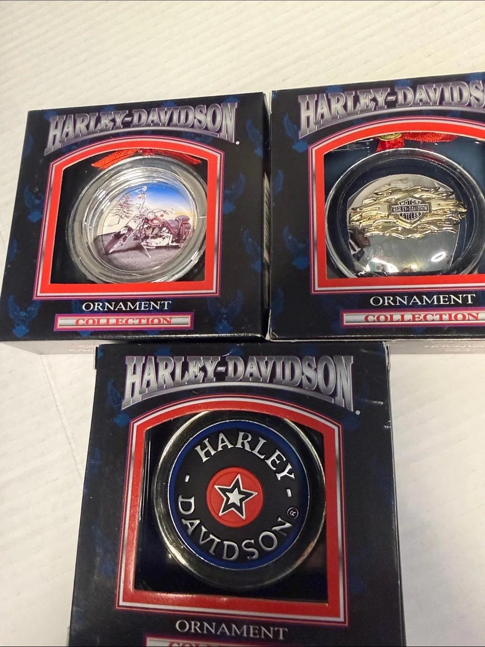 Harley-Davidson Blue, Red, Black Ornament Set